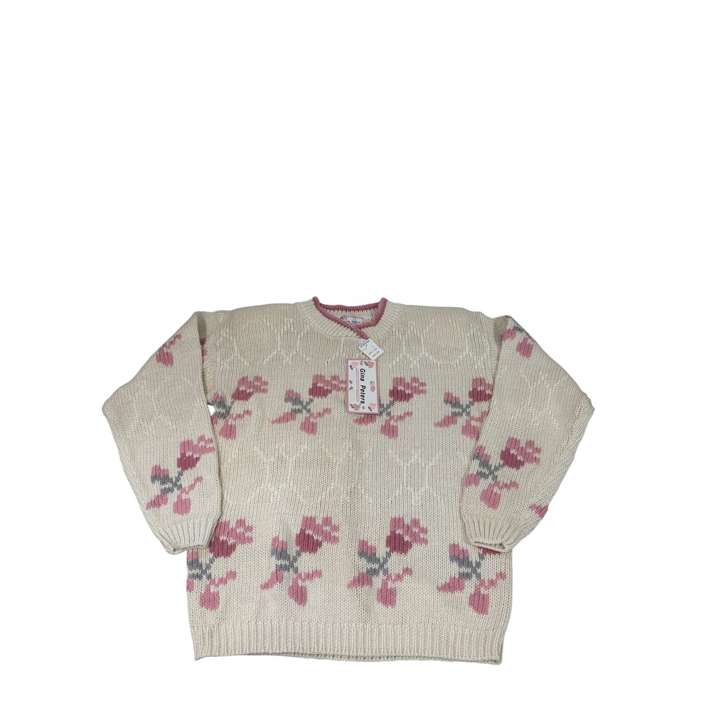 Vintage Gina Peters Floral Knit Sweater Cream Pink Cottage Core Ramie Cotton S